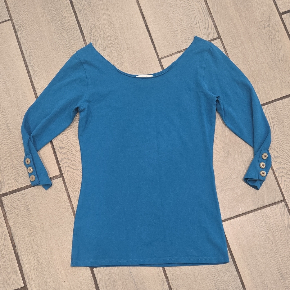 Matilda Jane Teal Blue Scoop Neck Long Sleeve Top Button Cuff AT15150 Womens M